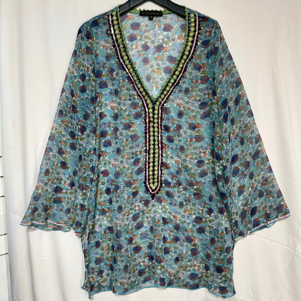 FRANGI Sheer Floral Boho Tunic One Size Embellish Sequin Neckline Beach Cover-up